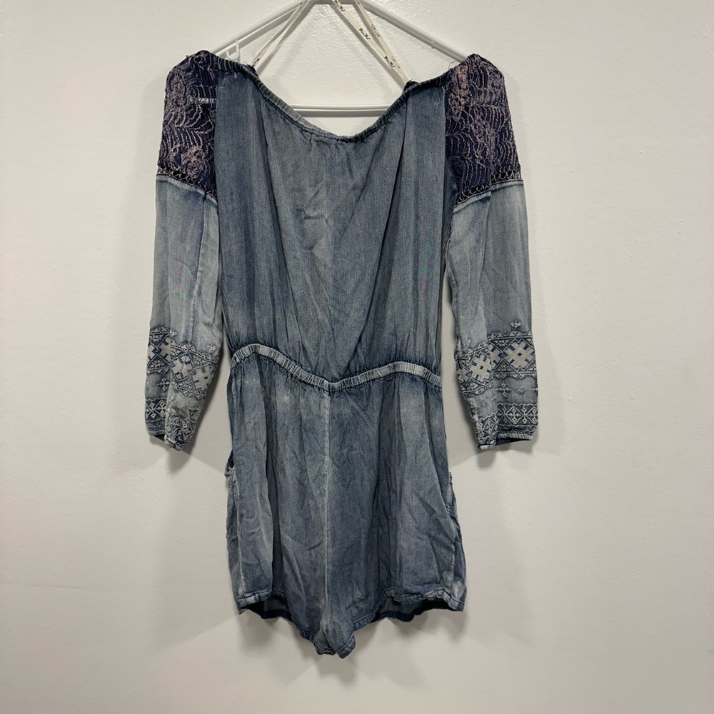 Miss me denim blue color Shoulder Romper with Lace Details - Picture 8 of 8